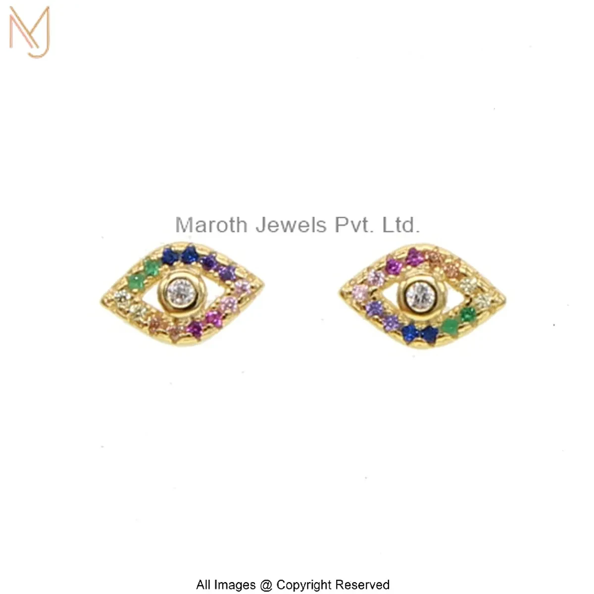 14K Yellow Gold Diamond Multi Gemstone Evil Eye Stud Earring Manufactuer