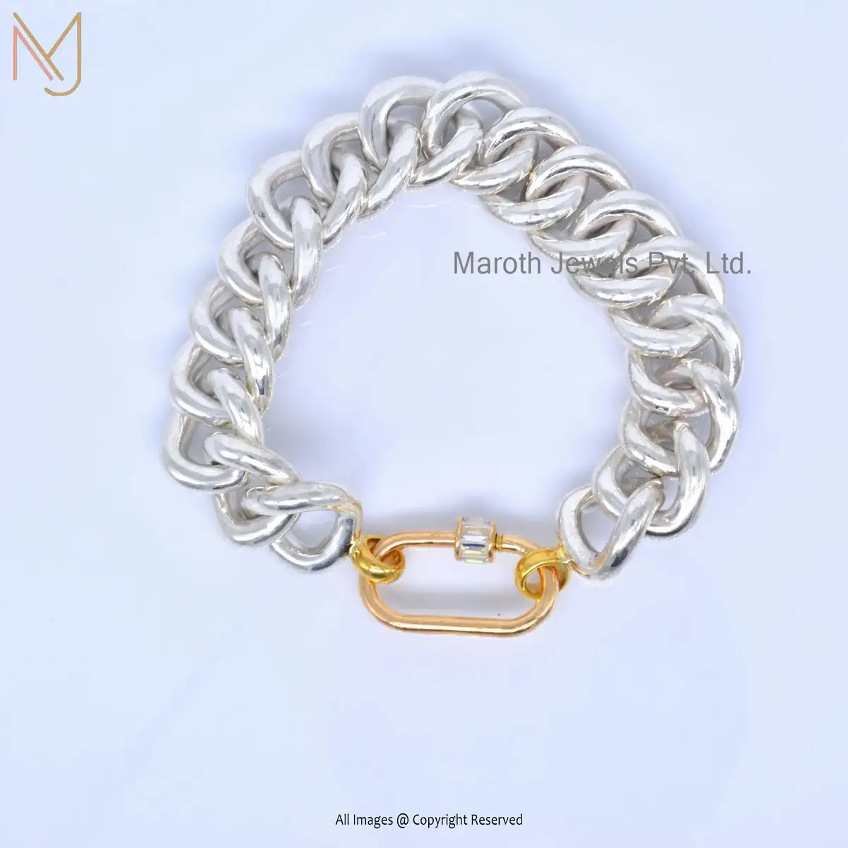 14k Yellow Gold Chain Baguettes White Topaz Gemstone Carabiner Lock Bracelet Manufacturer