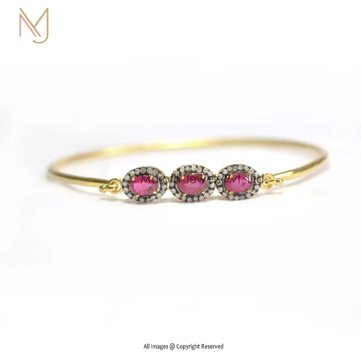 92.5 Silver Yellow Gold Pave Diamond Pink Sapphire Gemstone Cuff Bangle Wholesale