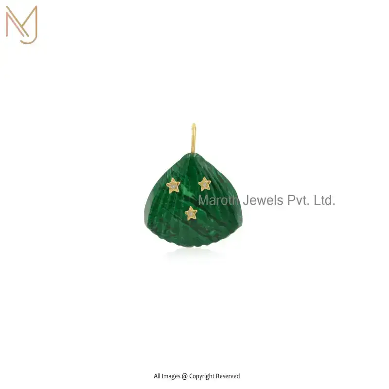 925 Sterling Silver Yellow Gold Plated Malachite And White CZ Gemstone Shell Pendant Custom Jewelry