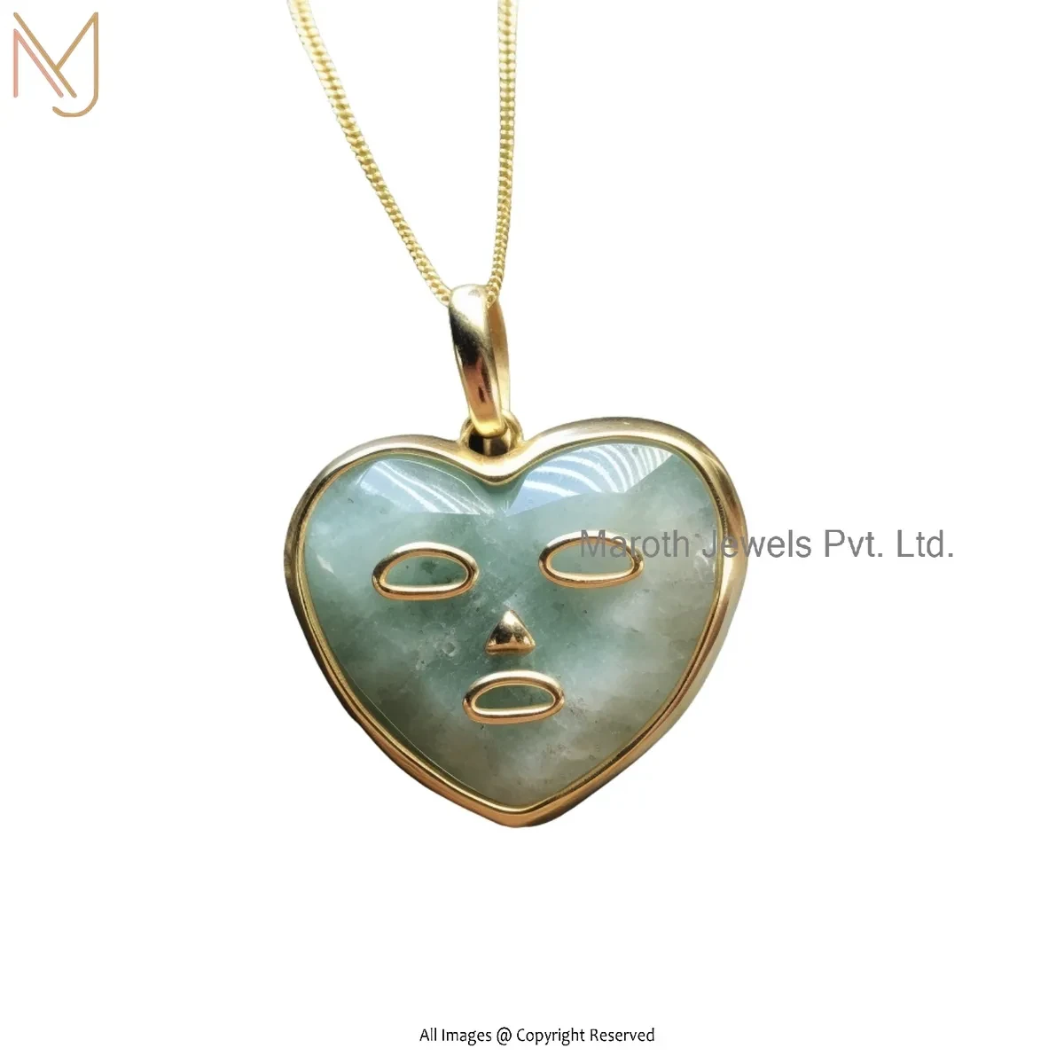 925 Silver Yellow Gold Plated Amazonite Heart Face Pendant Custom Jewelry