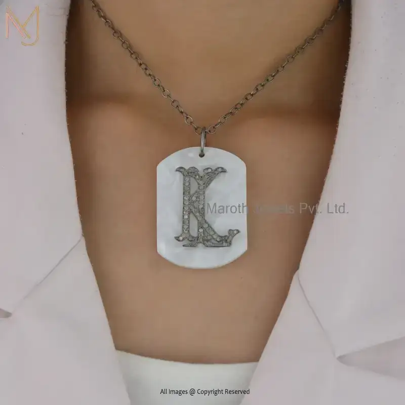 925 Silver Rhodium Plated Mother OF Pearl Cubic Zircon Monogram Pendant Custom Jewelry