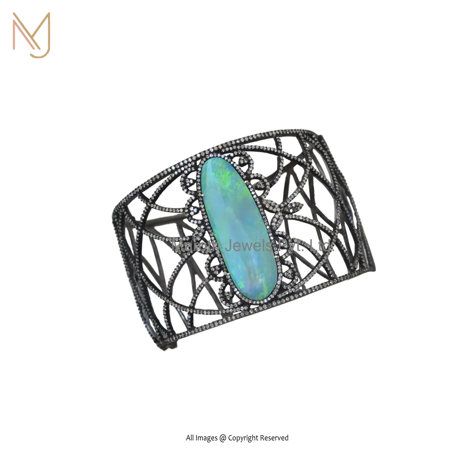 925 Silver Black Rhodium Plated Diamond & Opal Gemstone Bangle Jewelry Supplier