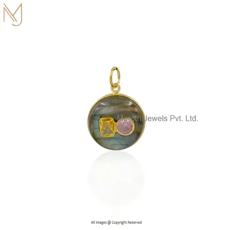 925 Sterling Silver Yellow Gold Plated Labradorite & Cubic Zircon Round Ball Gemstone Pendant Custom Jewelry