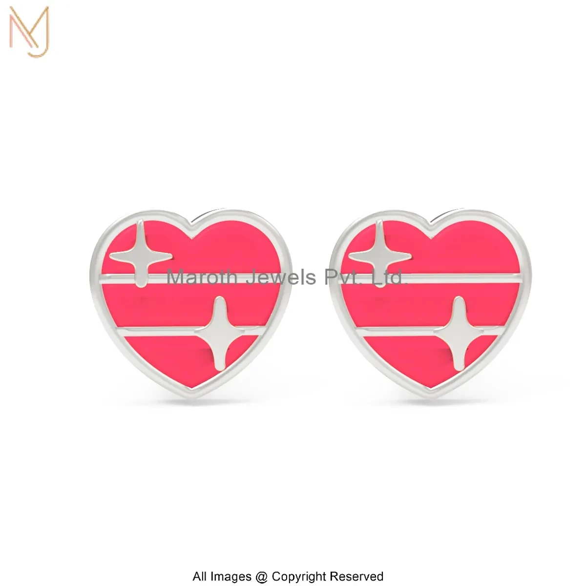 925 Silver Natural SIlver Plated Pink Enamel Heart Stud Earrings Manufacturer