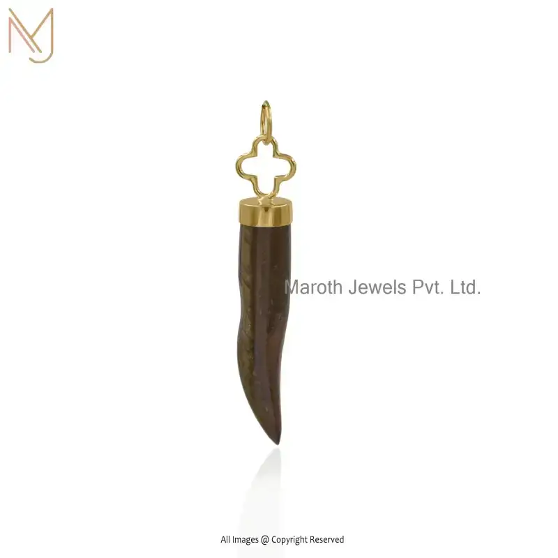 925 Silver Yellow Gold Plated Tiger's Eye Italian Horn Pendant Custom Jewelry