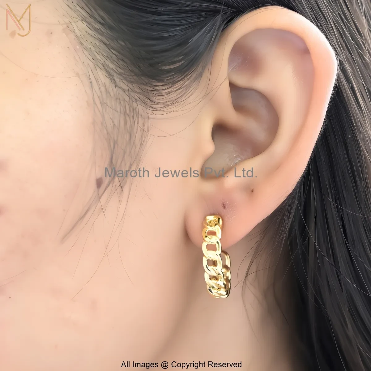 925 Silver Yellow Gold Plated Gold Finish Chunky Link Hoop Earrings Jewelry Supplier