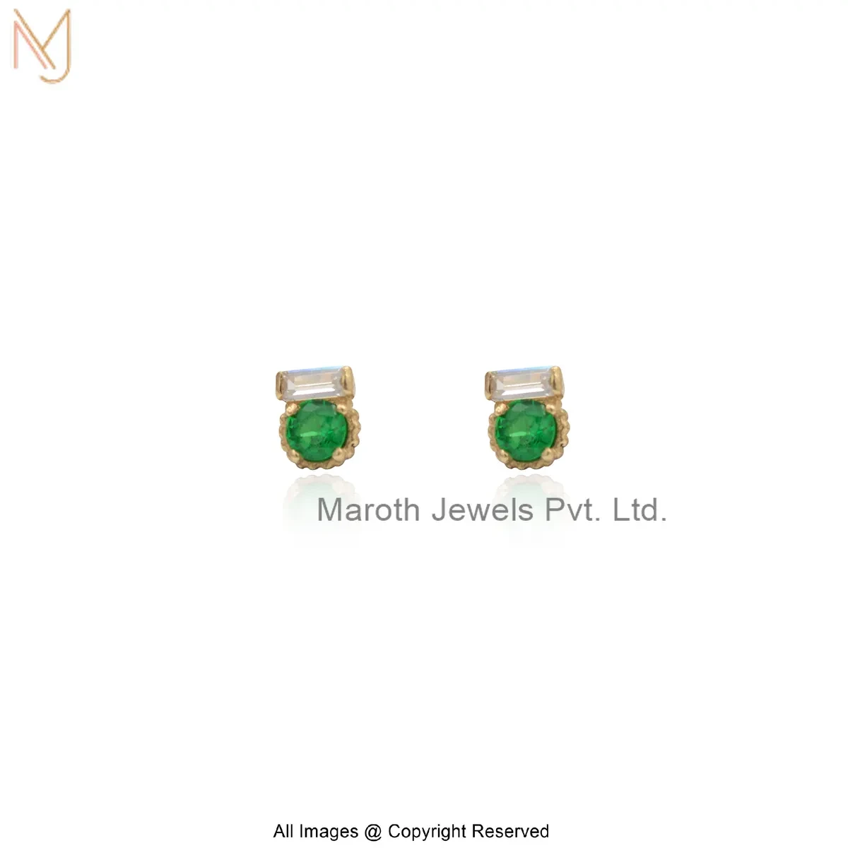 14K Yellow Gold Green Cubic Zircon Baguette Stud Earring Jewelry Supplier