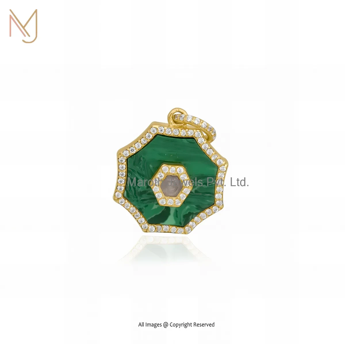 14K Yellow Gold Malachite And CZ Amethyst Gemstone Octagon Pendant USA