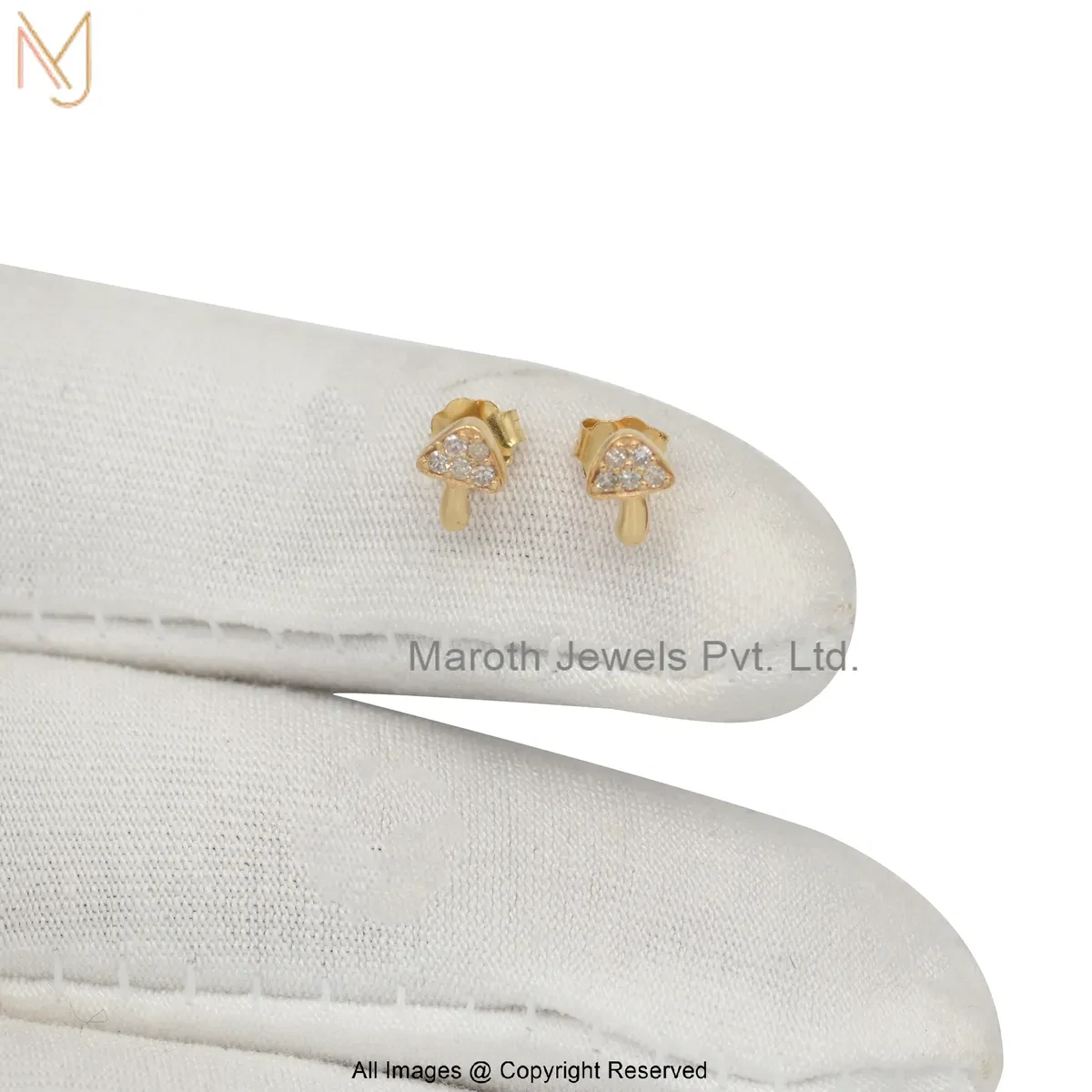 14K Yellow Gold Diamond Tiny Magic Mushroom Stud Earring Manufacturer