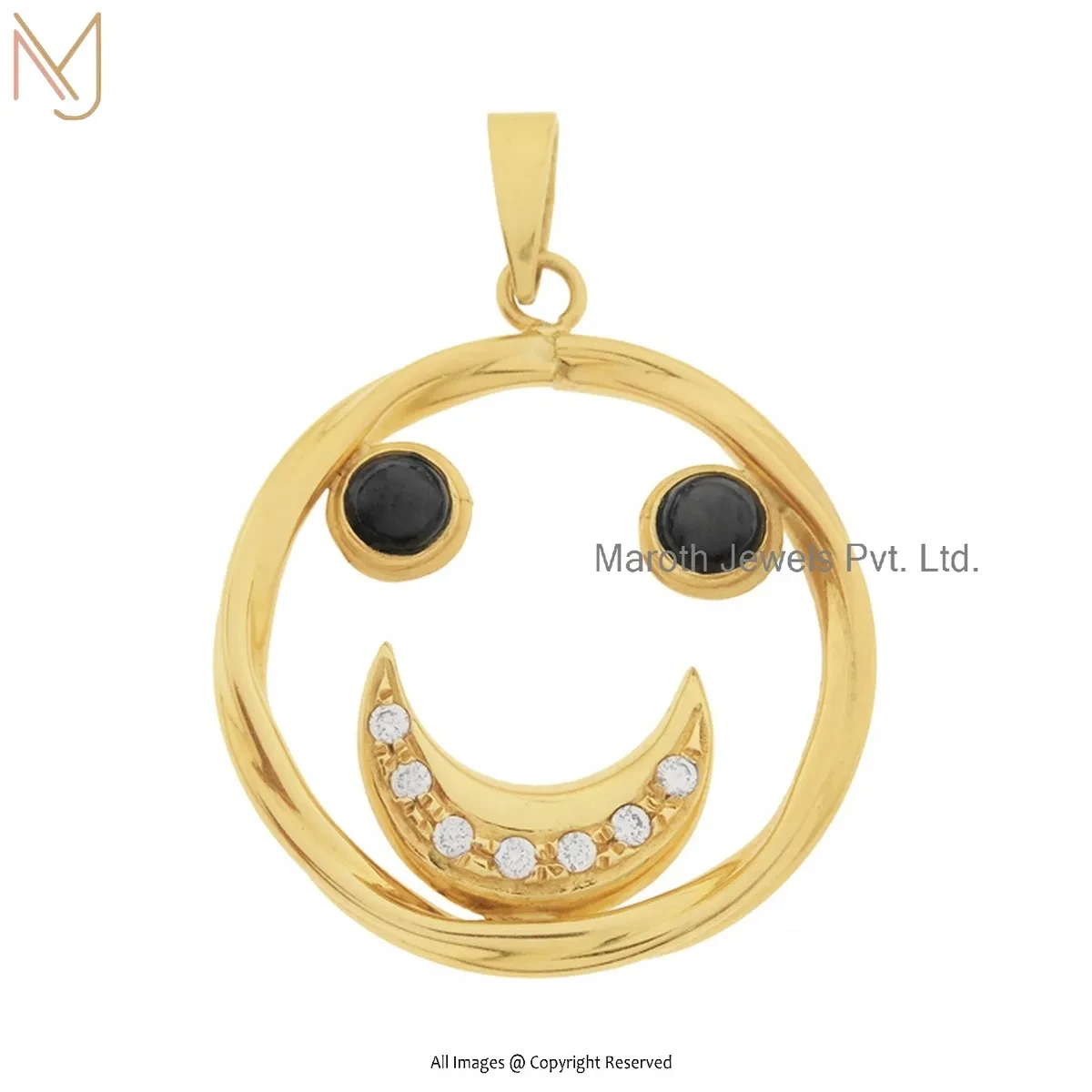 Wholesale 14K Yellow Gold Pave Diamond & Black Onyx Emoji Smiley Face Pendant