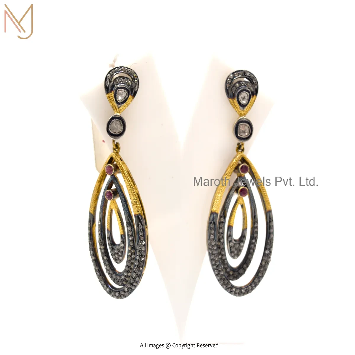 14K Yellow Gold Pave Diamond , Rose Cut Polki Diamond , Ruby Gemstone Drop Dangle Earring USA