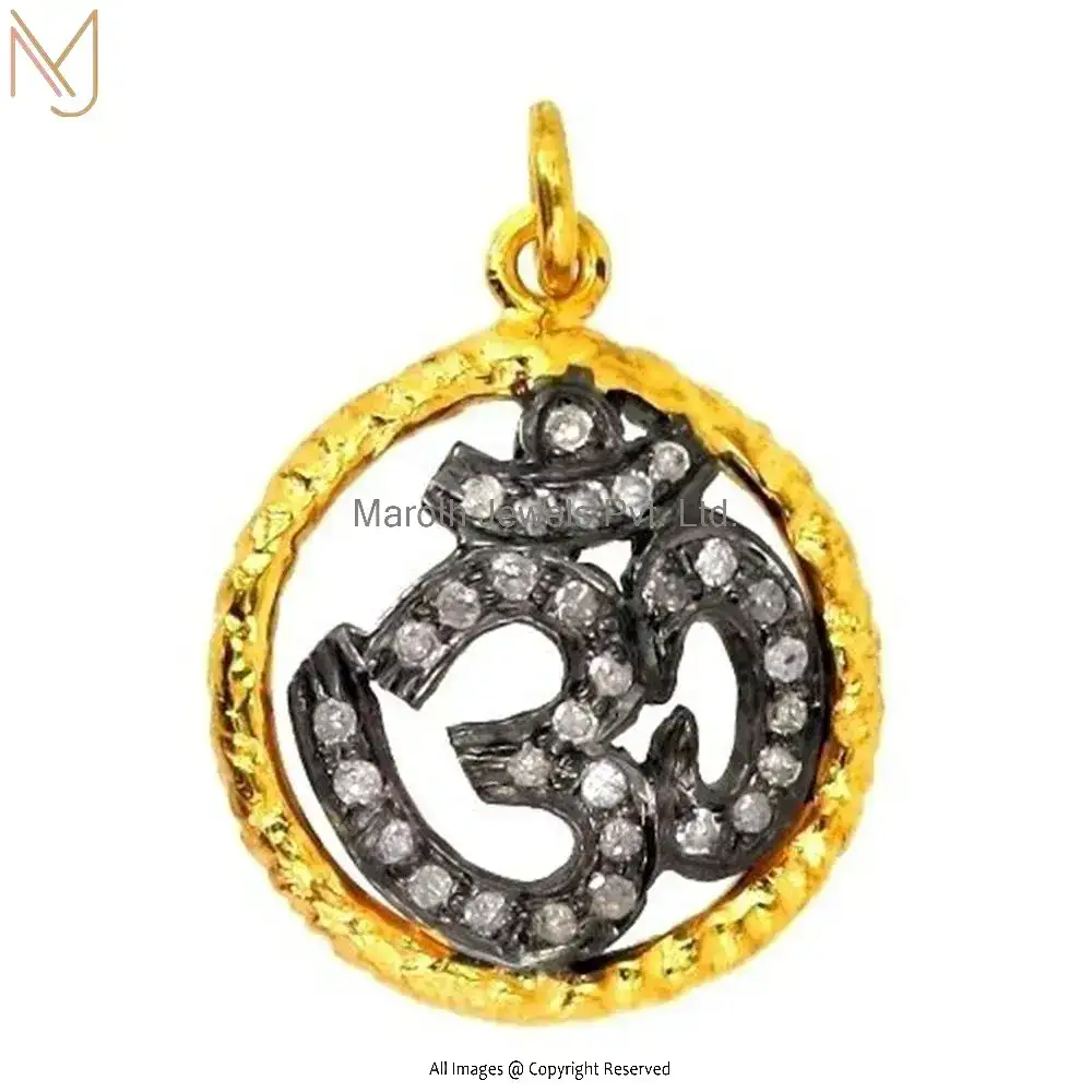 925 Silver Yellow Gold New Handmade Diamond Pave OM Religious Pendant Jewelry USA