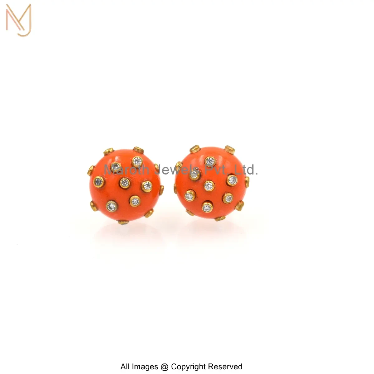 925 Silver Yellow Gold Plated Cubic Zircon Ball-Shaped Coral Stud Earrings Custom Jewelry