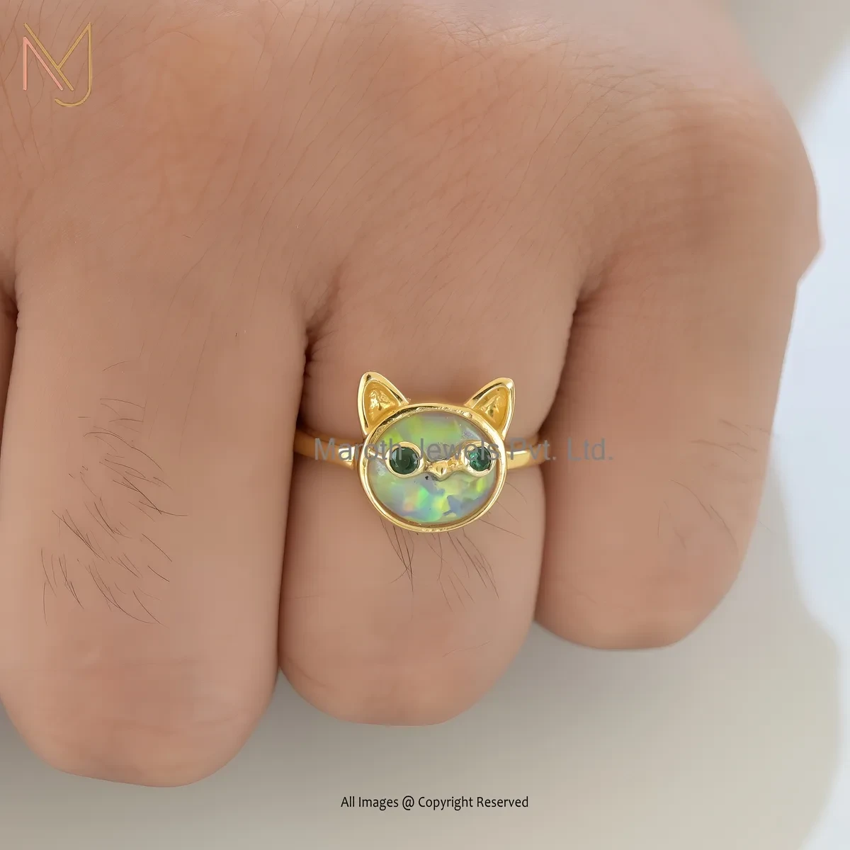 Wholesale 14K Yellow Gold Ethiopian Opal And Emerald Cat Face Ring