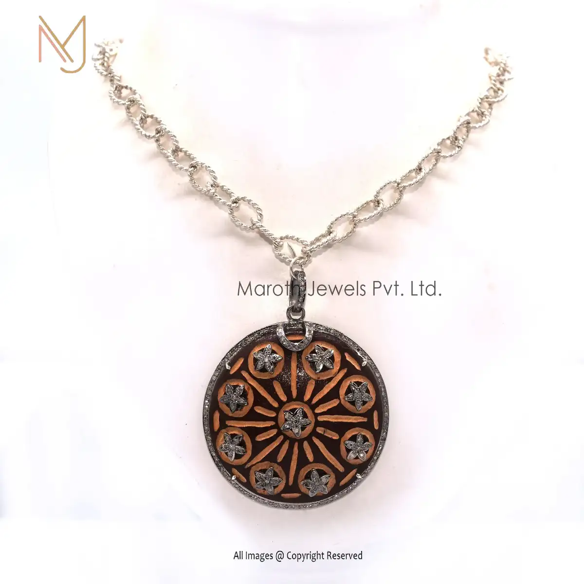 14k Gold Pave Diamond Wooden Handmade Disc Designer Pendant Jewelry Manufacturer