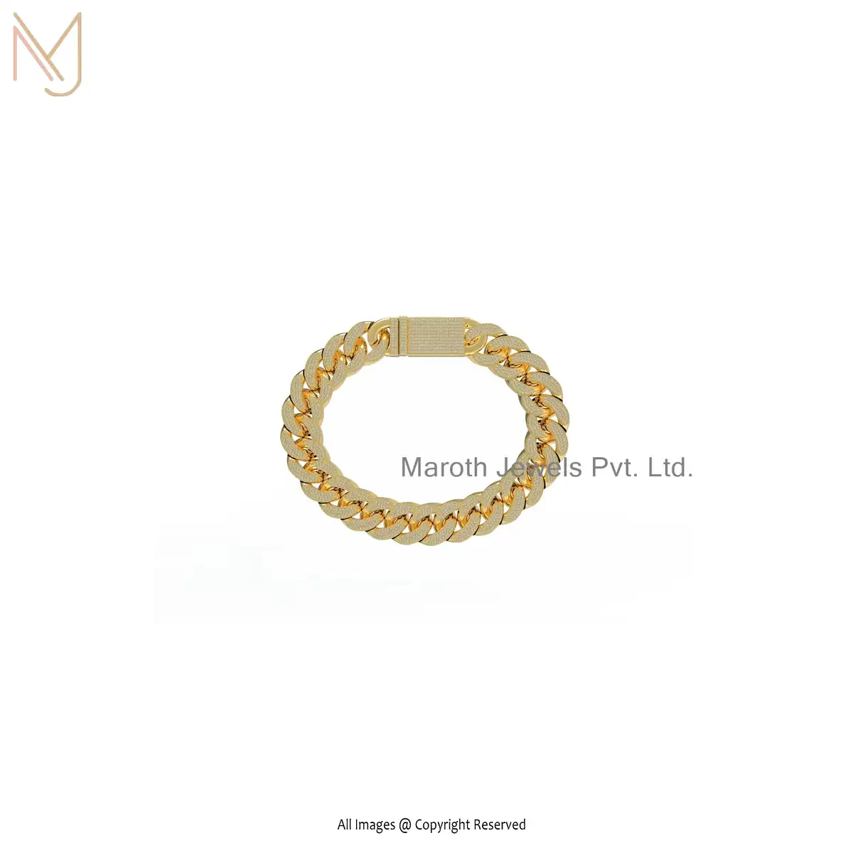925 Silver Yellow Gold Plated SI GH Diamond Curb Man's Chain Bracelet USA