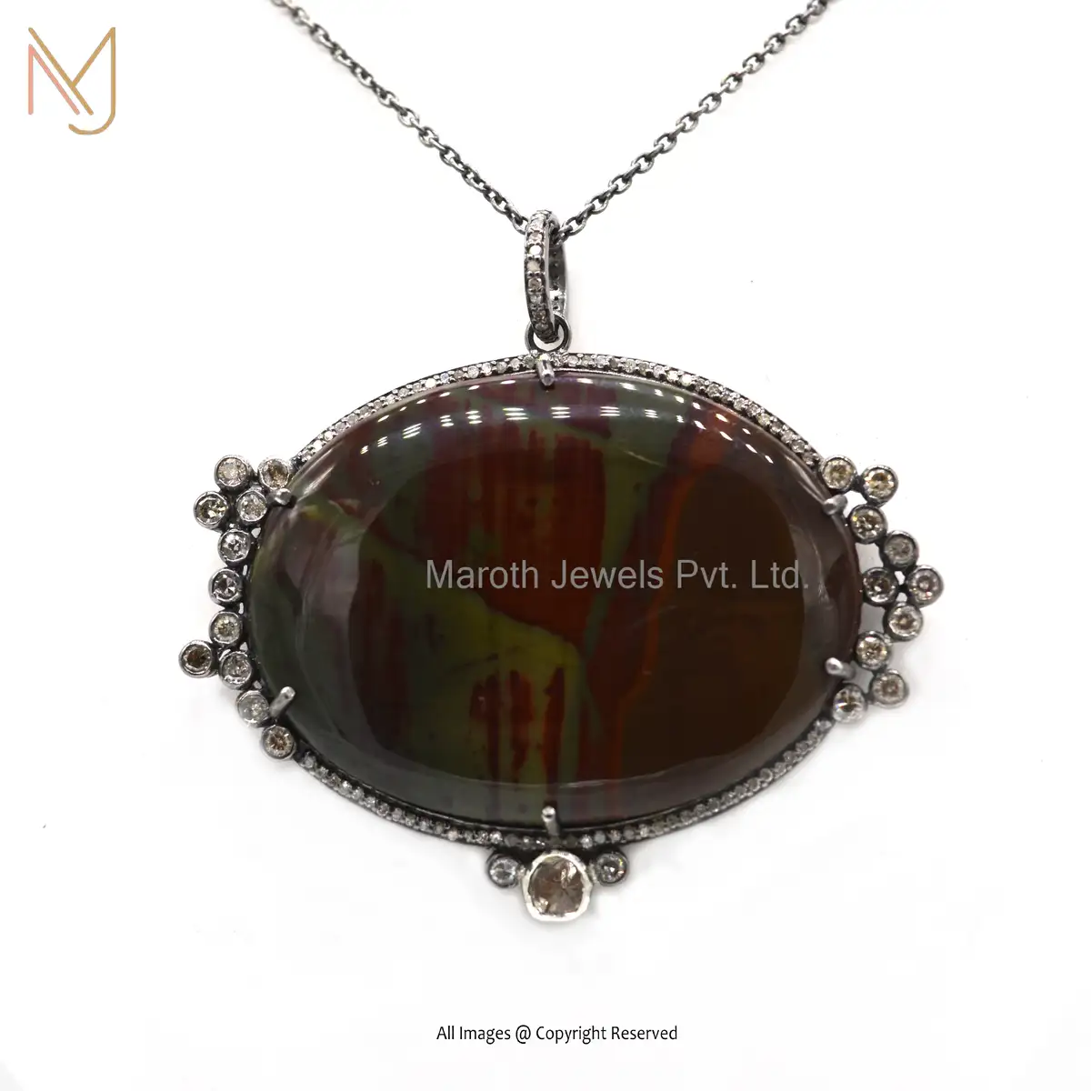 925 Silver Rhodium Pave Diamond Blood Stone Pendant Handmade Jewelry USA