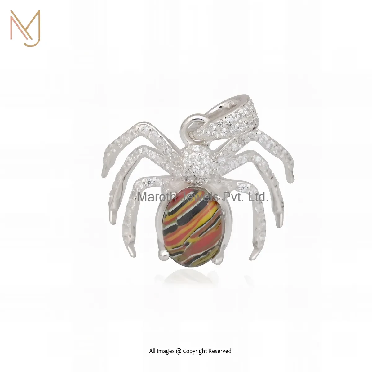 Wholesale 925 Silver Natural Silver Plated Fordite And White CZ Spider Charm Pendant