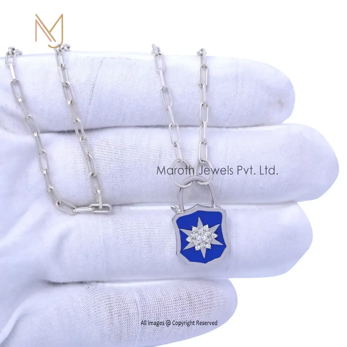 14K Yellow Gold CZ & Blue Enamel White Diamond Padlock Manufacturer