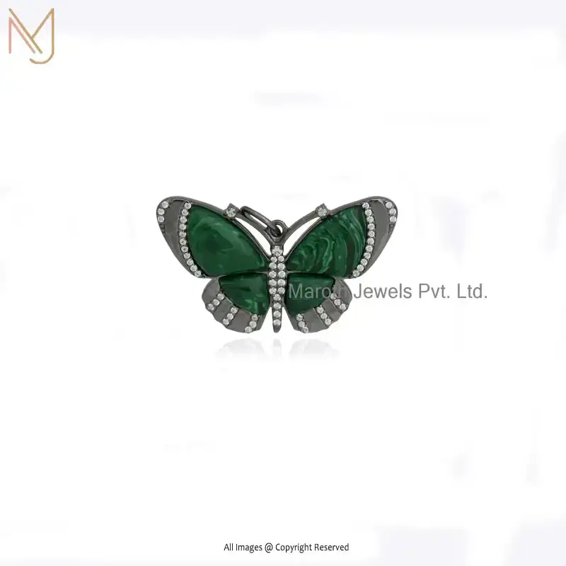 925 Silver Yellow Gold Plated Malachite Gemstone Butterfly Charm Pendant Jewelry Supplier