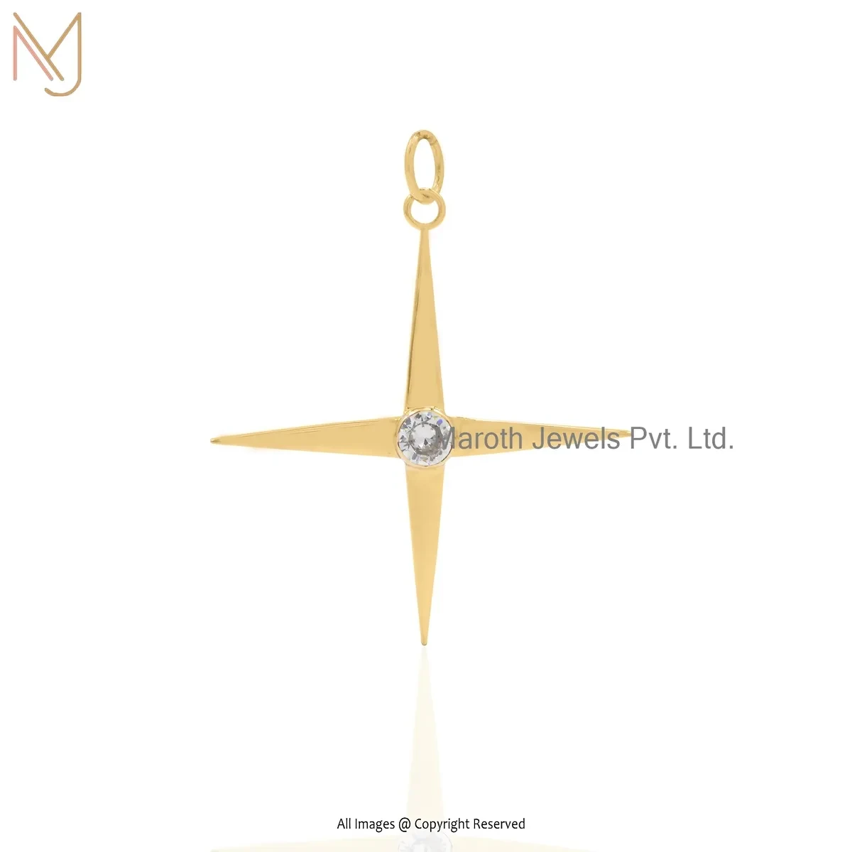 Private Lable 925 Silver Yellow Gold Plated Cubic Zircon & Diamond Four Point Star Pendant