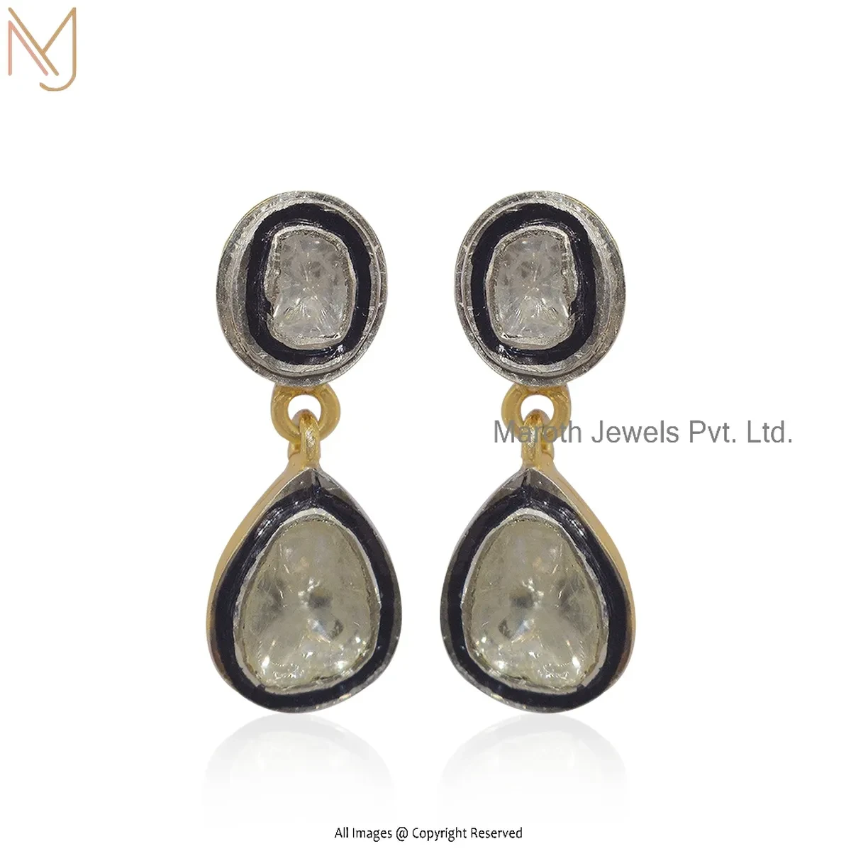 925 Silver Rhodium Plated Rose Cut Diamond Polki Diamond Slice Drop Earrings Manufacturer