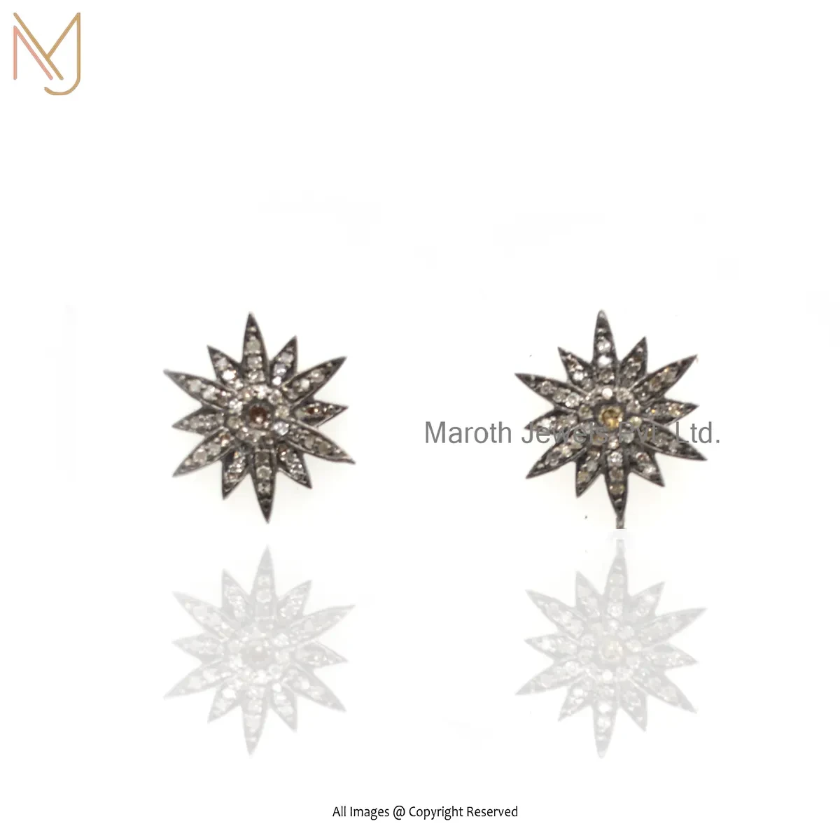 14K White Gold Pave Diamond Starburst Studs Earring Custom Jewelry