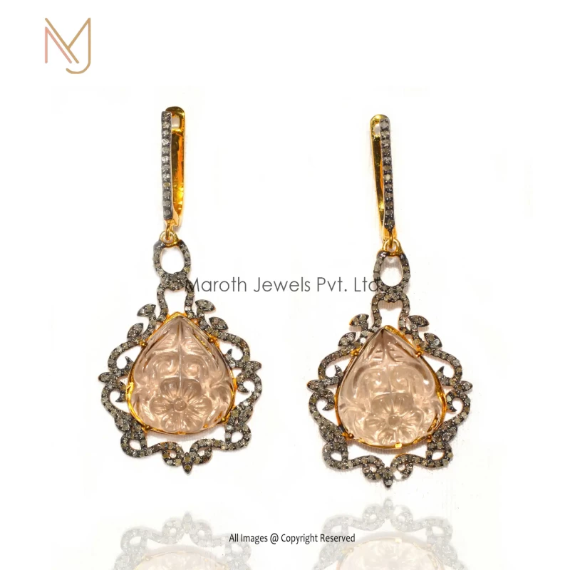 925 Silver Pave Diamond Citrine Carving Gemstone Drop Earrings Manufacturer