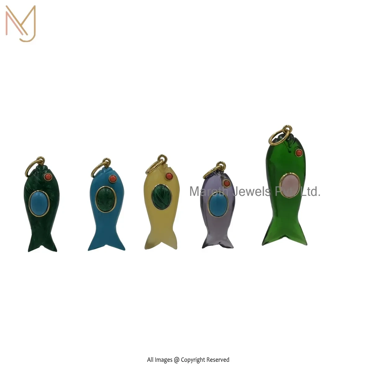Private Lable 925 Silver Yellow Gold Plated Yellow Opal & Malachite And Orange Coral Fish Pendant
