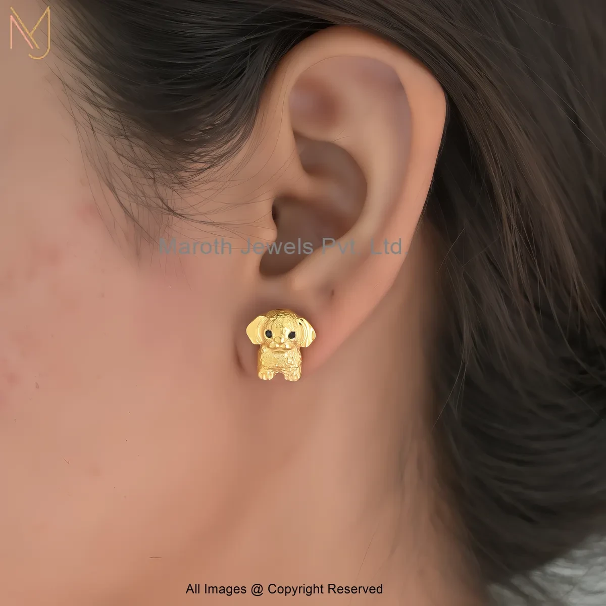 14K Yellow Gold Black Cubic Zircon Gold-Toned Cute Puppy Stud Earring Jewelry Supplier