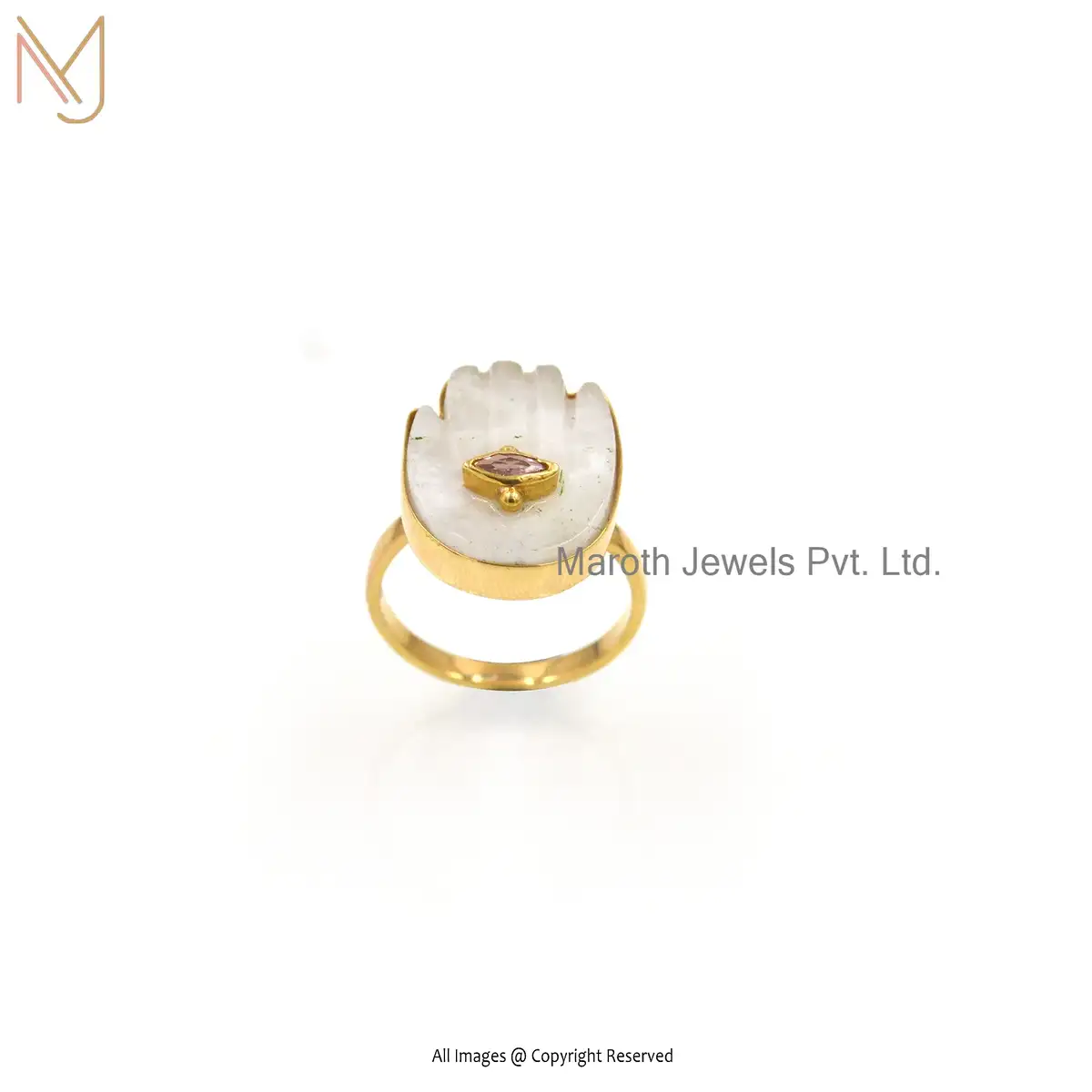 14K Yellow Gold Plated Moonstone Pink Sapphire Hamsa Hand Ring Jewelry Manufacturer
