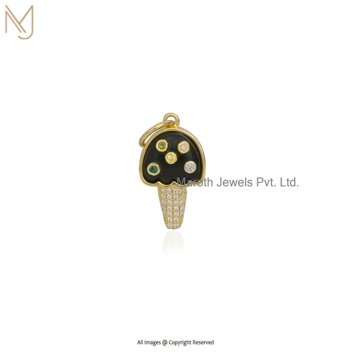 925 Silver Yellow Gold Plated Multi Cubic Zircon & Black Agate Ice Cream Corn Pendant USA