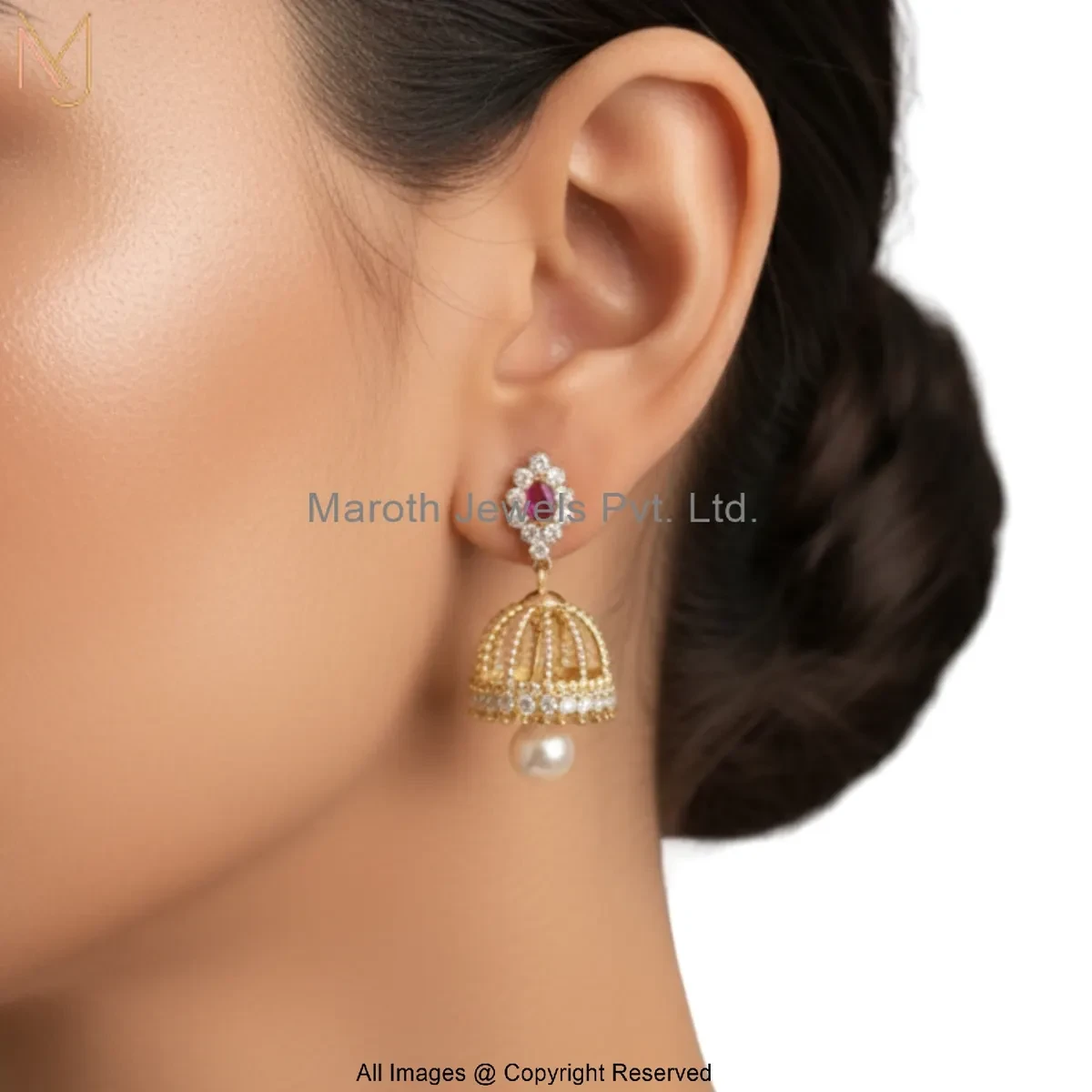 14K Yellow Gold Cubic Zircon Diamond Designer Jhumka Earring Custom Jewelry