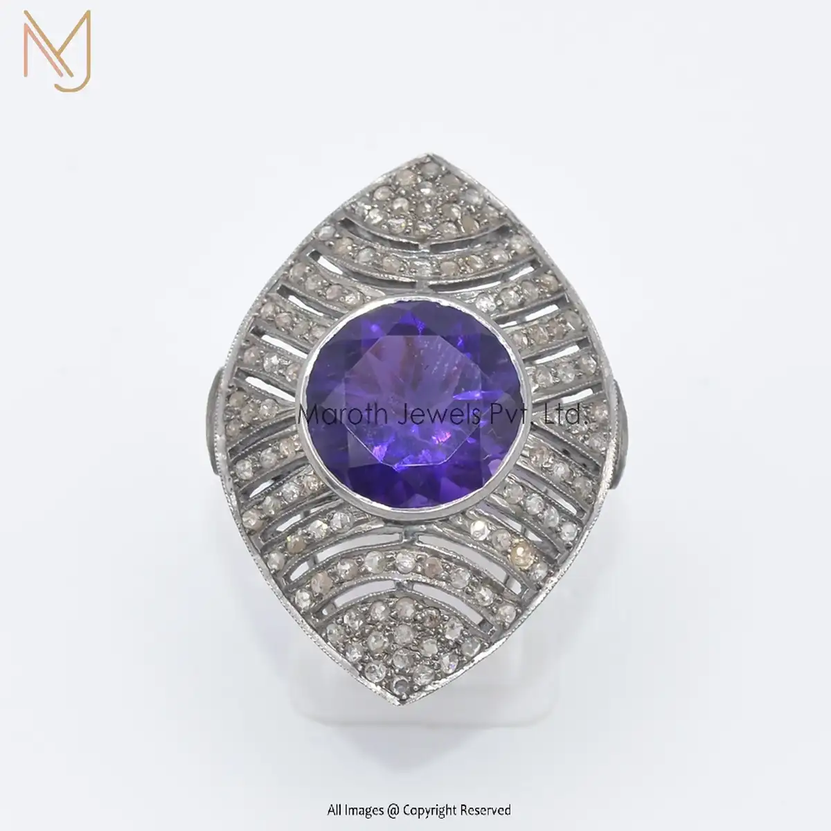 92.5 Silver Rhodium Plated Pave Diamond Amethyst Ring Jewelry Wholesale