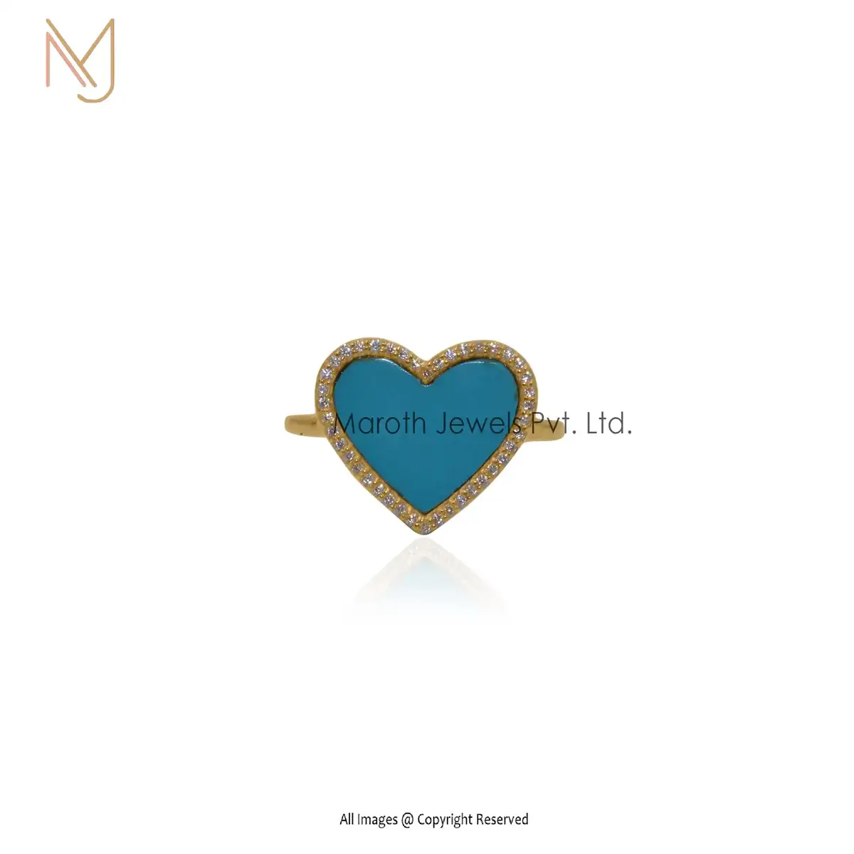 925 Silver Yellow Gold Plated Turquoise CZ Heart Ring Manufacturer
