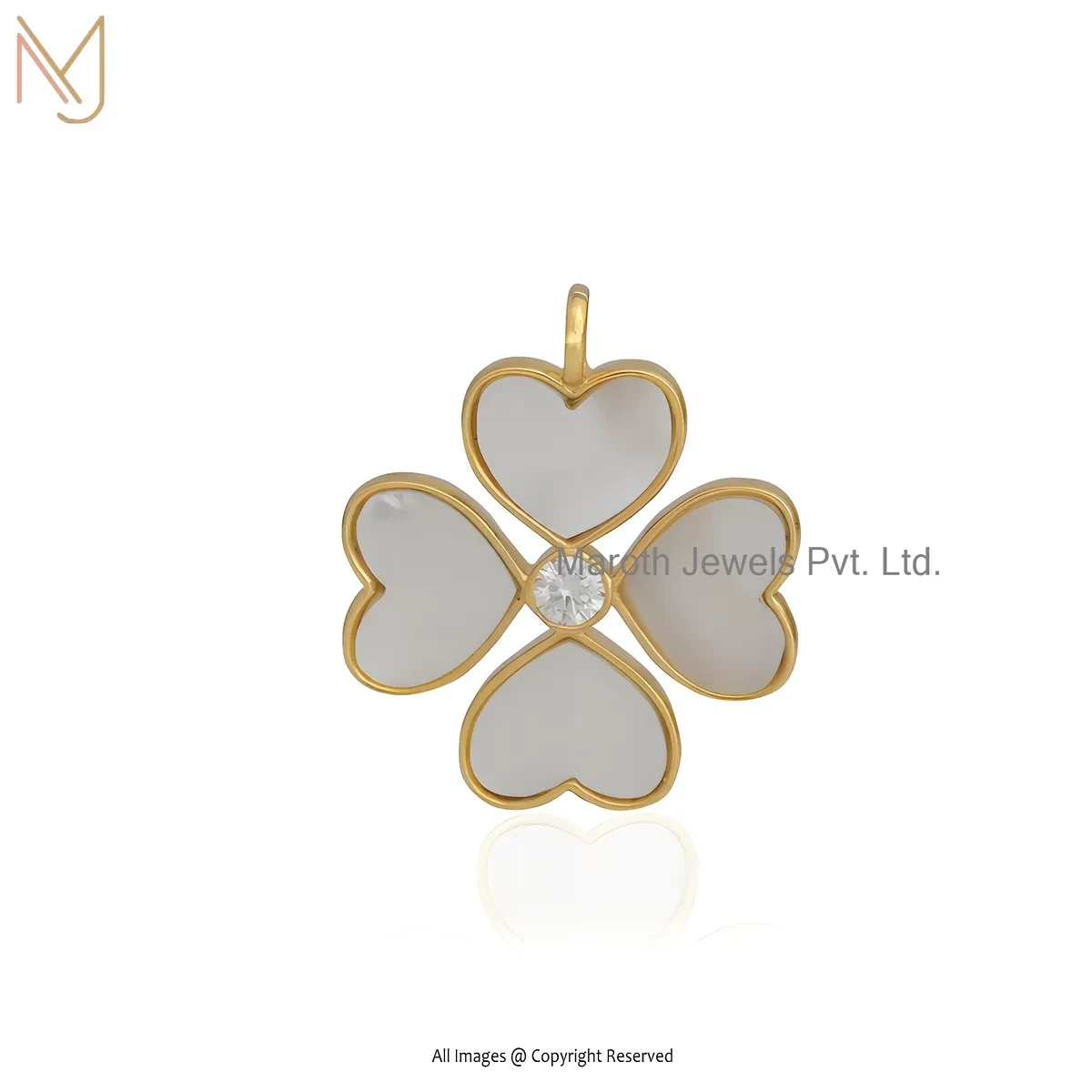 925 Silver Yellow Gold Plated Moissanite & Mother Of Pearl Heart Clover Charm Pendant USA