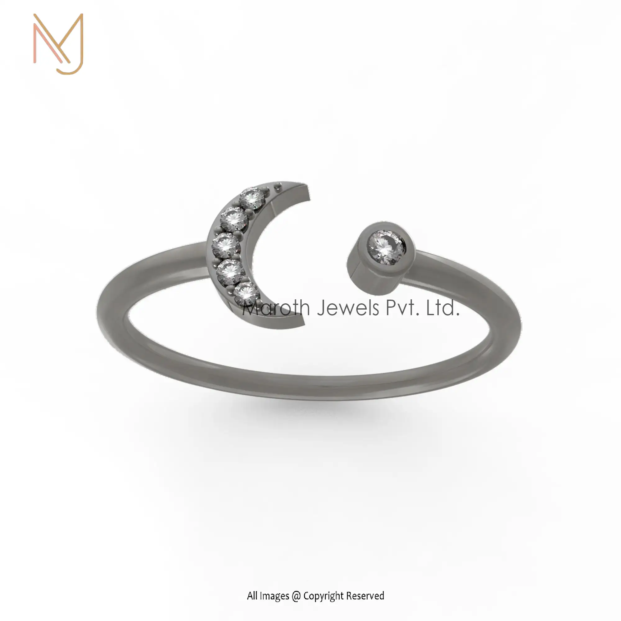 925 Silver Rhodium Plated Pave Diamond Designer Half Moon Ring Fine Jewelry Manufacturer