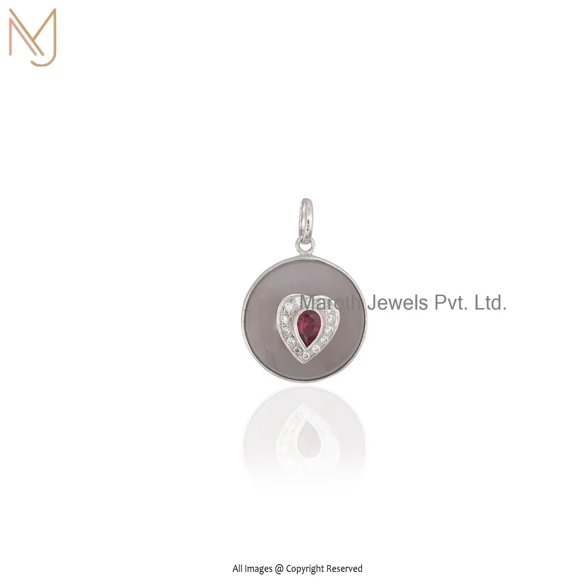 925 Silver Natural Silver Plated Ruby Cubic Zircon & Chalcedony Gemstone Heart Shape Ball Pendant USA