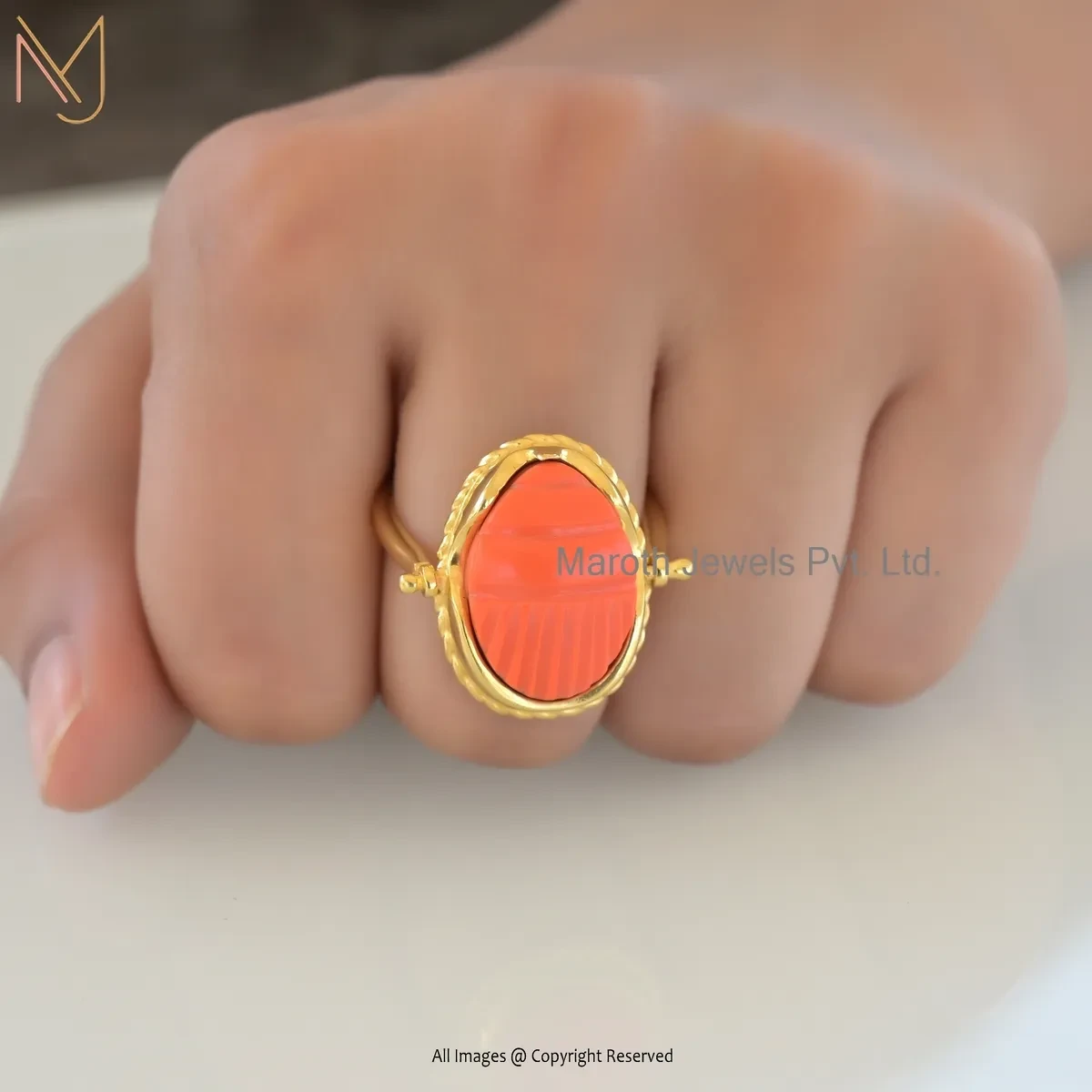 925 Silver Yellow Gold Plated Orange Coral Scarab Beetle Ring Custom Jewelry
