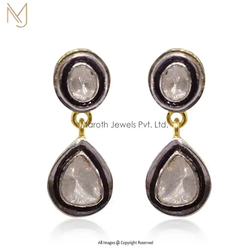 925 Silver Yellow Gold Plated Natural Silver Rose Cut Diamond Earrings Jewelry Supplier