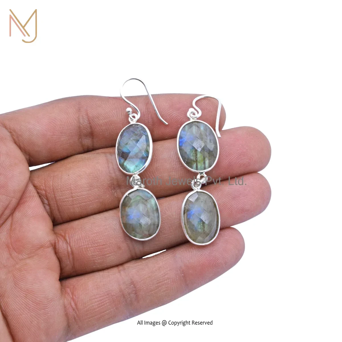 14K White Gold Labradorite Gemstone Drop Earring Custom Jewelry