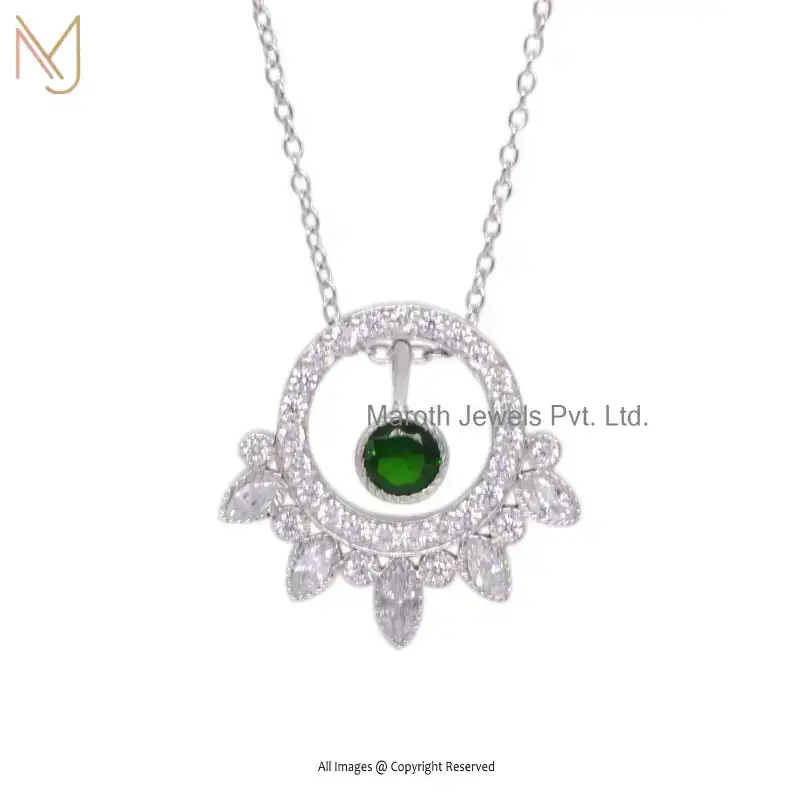 925 Silver White Gold Plated Emerald And Cubic Zircon Round Shape Forest Flower Pendant USA