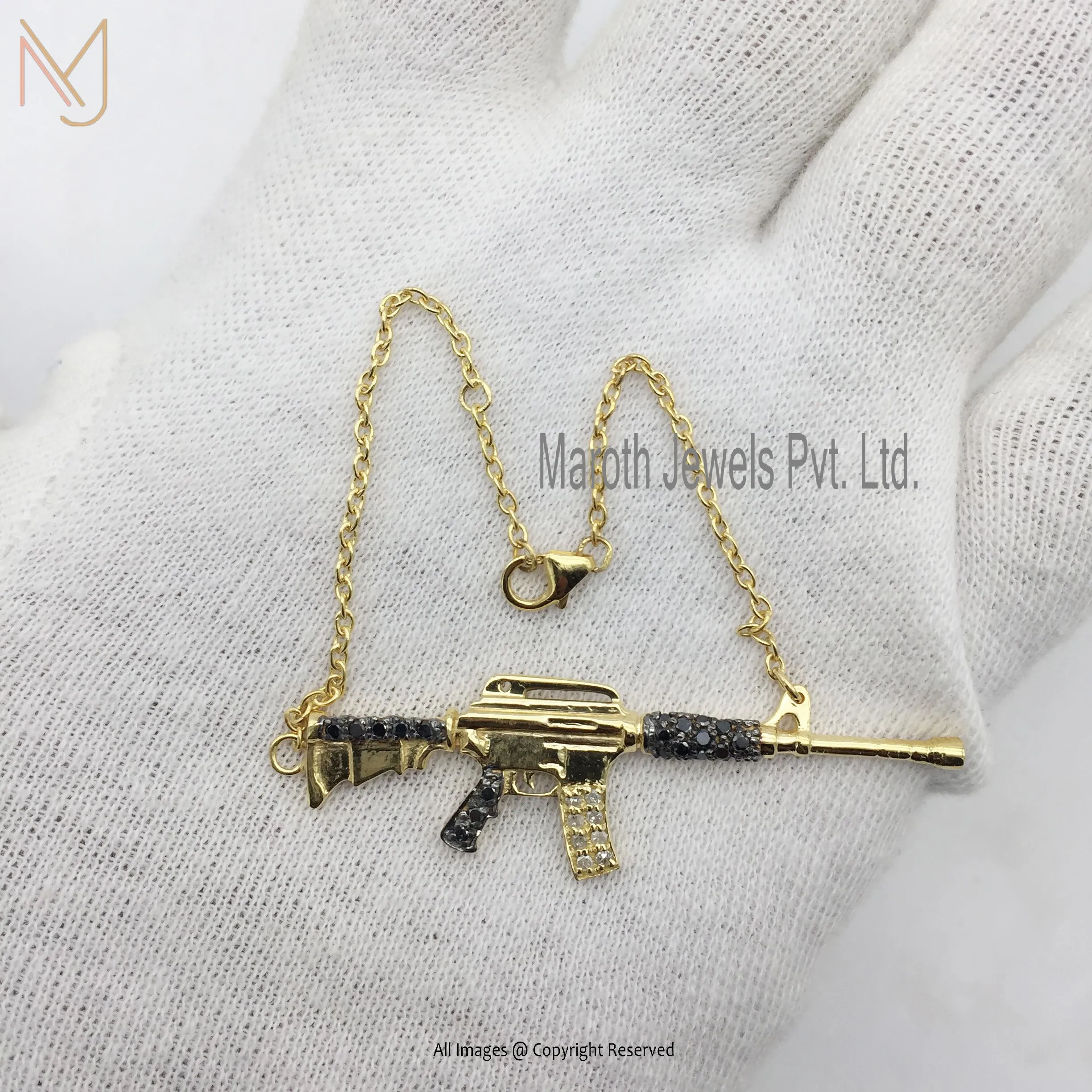 14k Yellow Gold Rhodium Plated Pave Diamond Black Spinel Gun Design Bracelet Jewelry  Supplier