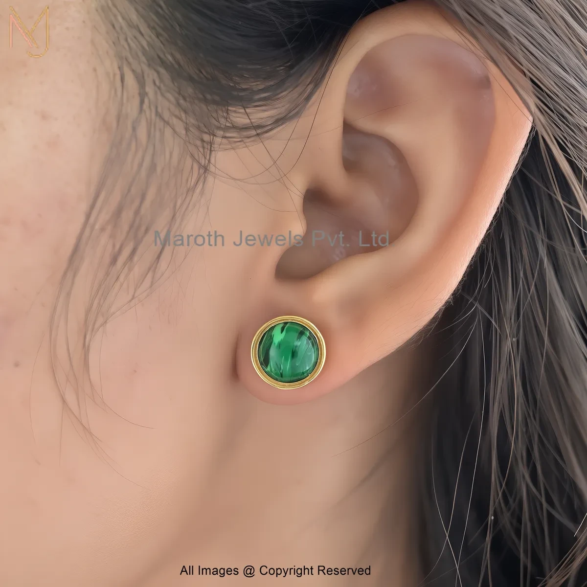 925 Silver Yellow Gold Plated Round Malachite Bezel Stud Earring Custom Jewelry