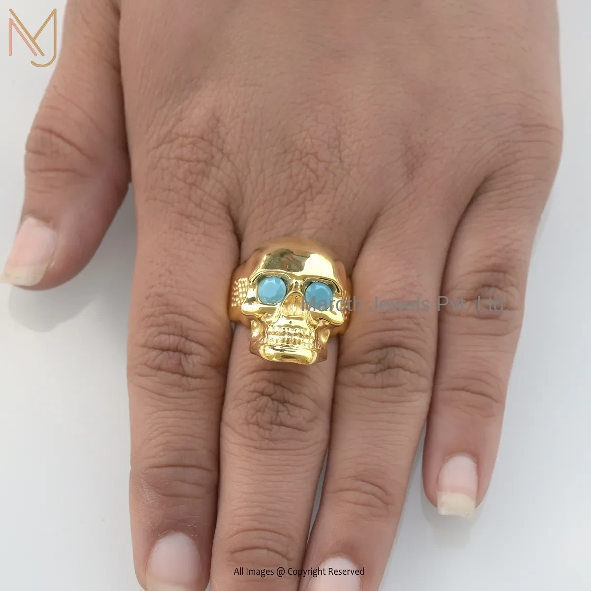 925 Silver Yellow Gold Plated Turqouise Skull Ring Manufacturer