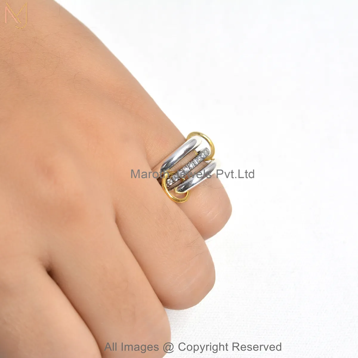 925 Sterling Silver Yellow Gold Plated Diamond Multi-Link Connected Band Ring Jewelry Supplier