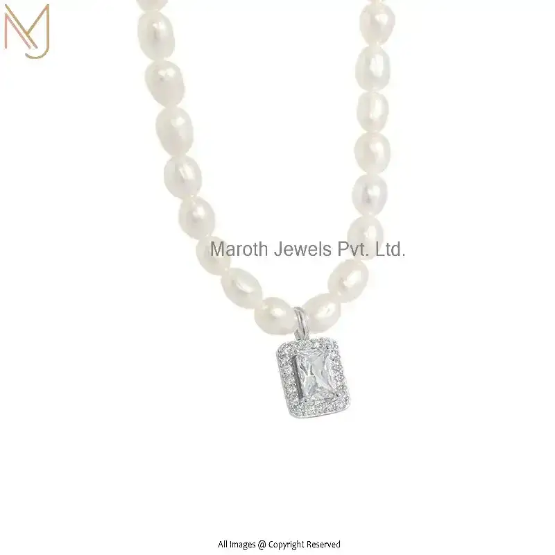 Private Label 925 Sterling Silver Elegant Natural Pearl Rectangle CZ Necklace