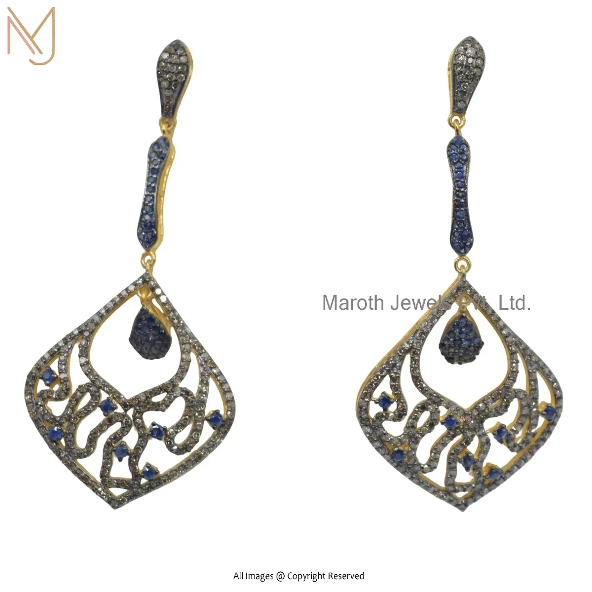 Private Lable 925 Silver Rhodium Yellow Gold Plated Pave Dimaond & Blue Sapphire Gemstone Drop Earring