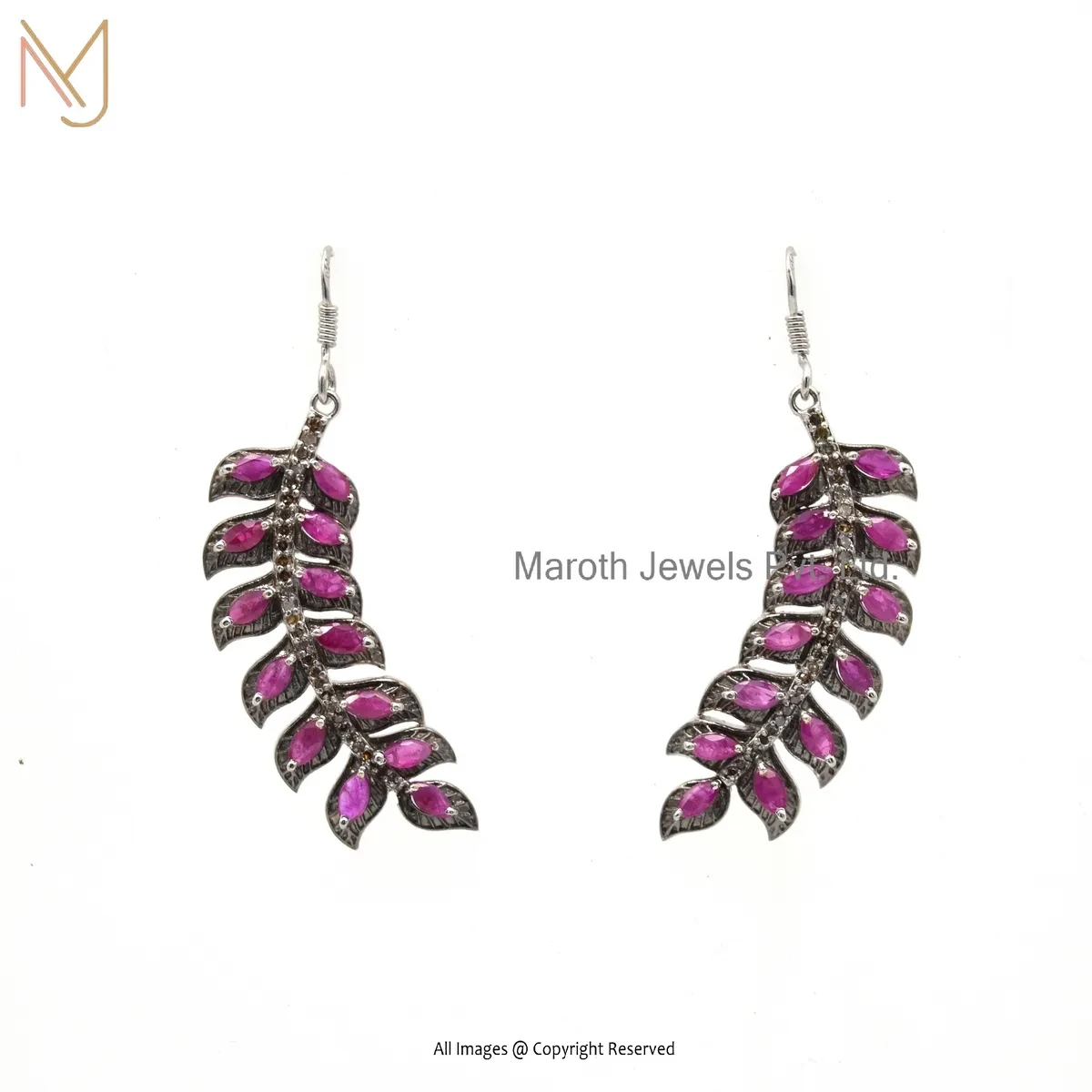 925 Silver Natural Silver Plated Diamond Ruby Leaf Shape Earring Custom Jewelry